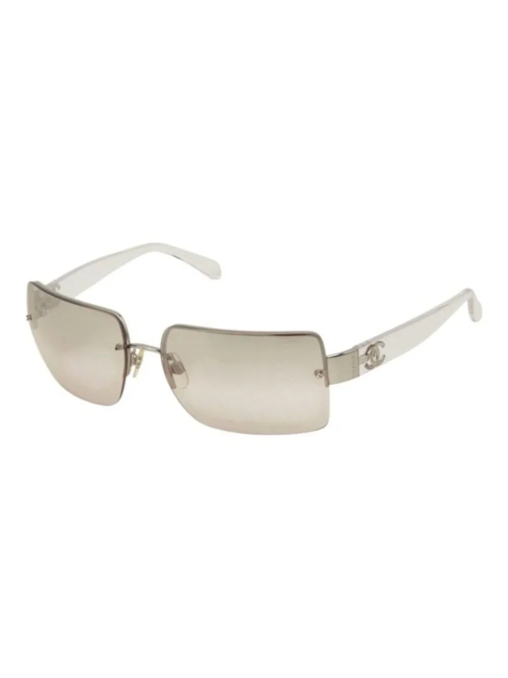 Chanel CC Logo Rimless Sunglasses Eyewear Brown Clear Silver Acetate Metal
